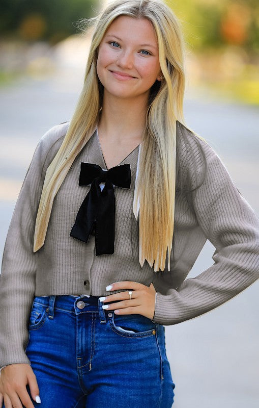 Bow Tie V-Neck Cropped Cardigan Miss Sparkling